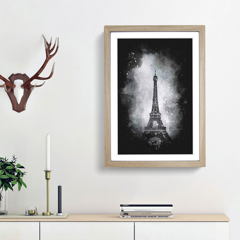 A Moody Eiffel Tower in Paris France - Picture Frame Graphic Art Print, 45cm H x 33cm W x 2cm D, Oak Framed