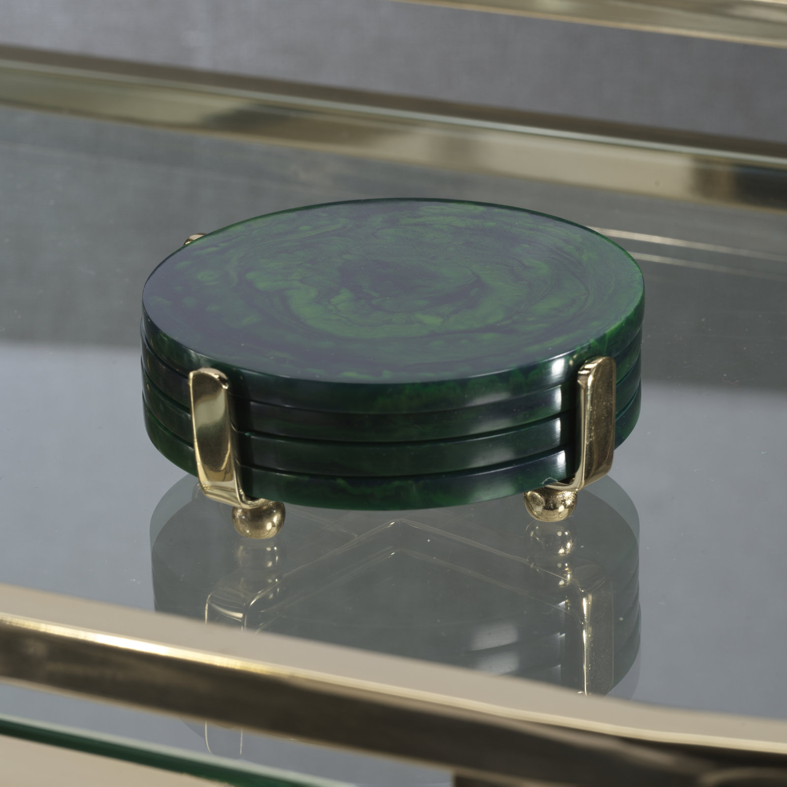 Gomez 4-Piece Set Coasters on Stand, Green w/ Gold Stand