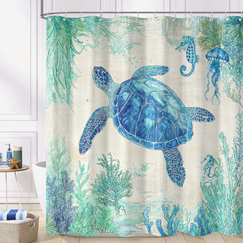 Ensemble de rideau de douche en tissu imperméable avec crochets pour salle de bain Funny Ocean Turtle 72 po x 72 po
