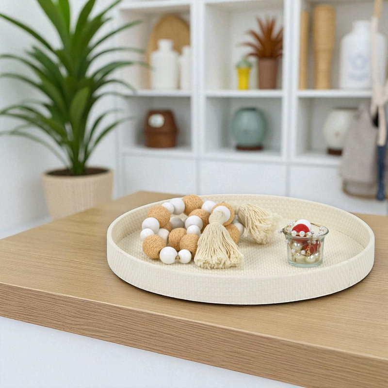 Tamsin Weave Pattern Round Serving Tray, White