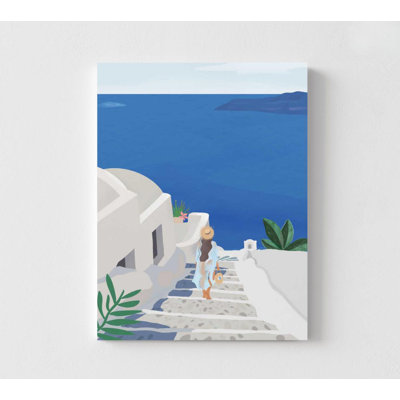 Santorini Travel Art Print, Blue Coastal Steps (Multiple Sizes & Frames)