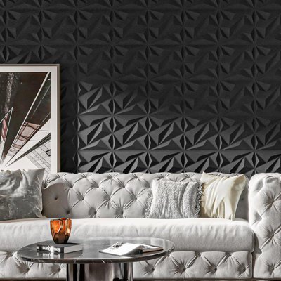 3D Wall Panels - Diamond Pattern Textured Wall Tiles for Interior Decor, 33-Pack, Black | Easy Peel & Stick or Glue Installation for Bedroom, Accent Wall, Home Office