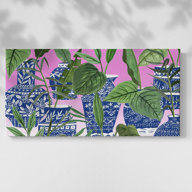 Indigo Palms II - Toile tendue avec châssis encadré - Prêt à être accroché, H 17 po x l 33 po, Doré