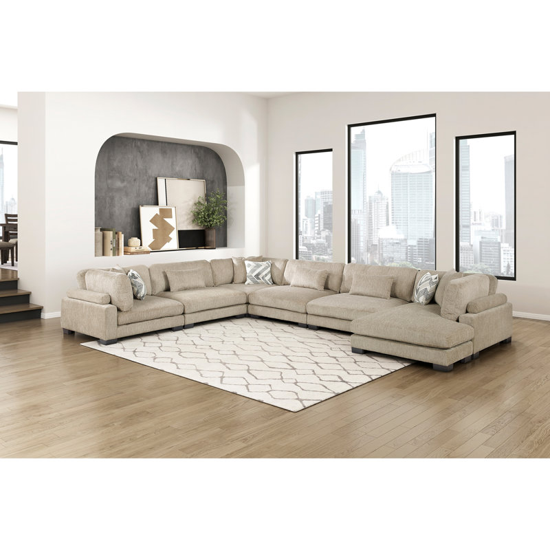 Canapé modulaire brun contemporain de 6 pièces, méridienne réversible avec coussins moelleux, meubles de salon rembourrés en bois massif