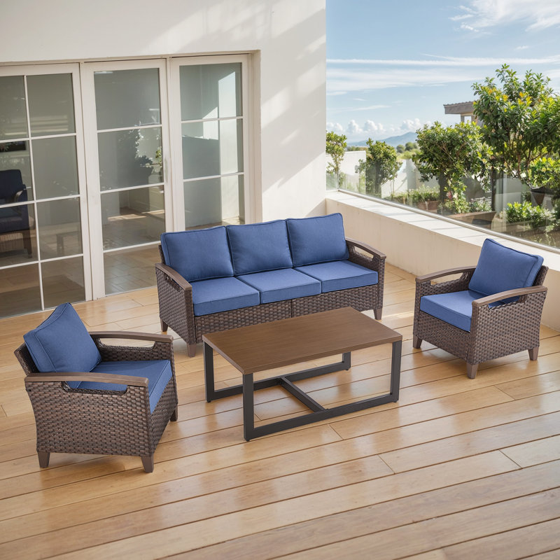 Ensemble de conversation en rotin pour l'extérieur pour 5 personnes avec table de 47,2 de large Arundel, Bleu