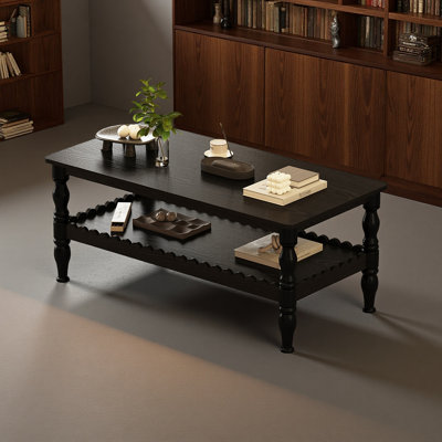 Rectangle Coffee Table Solid Wood Coffee Table with Storage Shelf,Farmhouse 2-Tier Center Table Lacquered Classical Legs,Easy Assembly Apartment Cente
