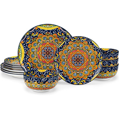 12 Pieces Dinnerware Sets,  Plates And Bowls Set, Porcelain Dishes Set For 4, Microwave And Dishwasher Safe, Scratch Resistant, Bohemian Style Dining Ware Service For 4, Series SIMI