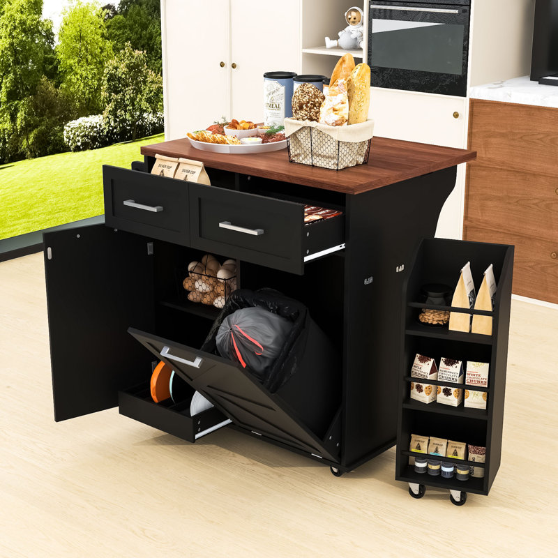 Îlot de cuisine élégant avec tablette latérale amovible et armoire inclinable, Noir