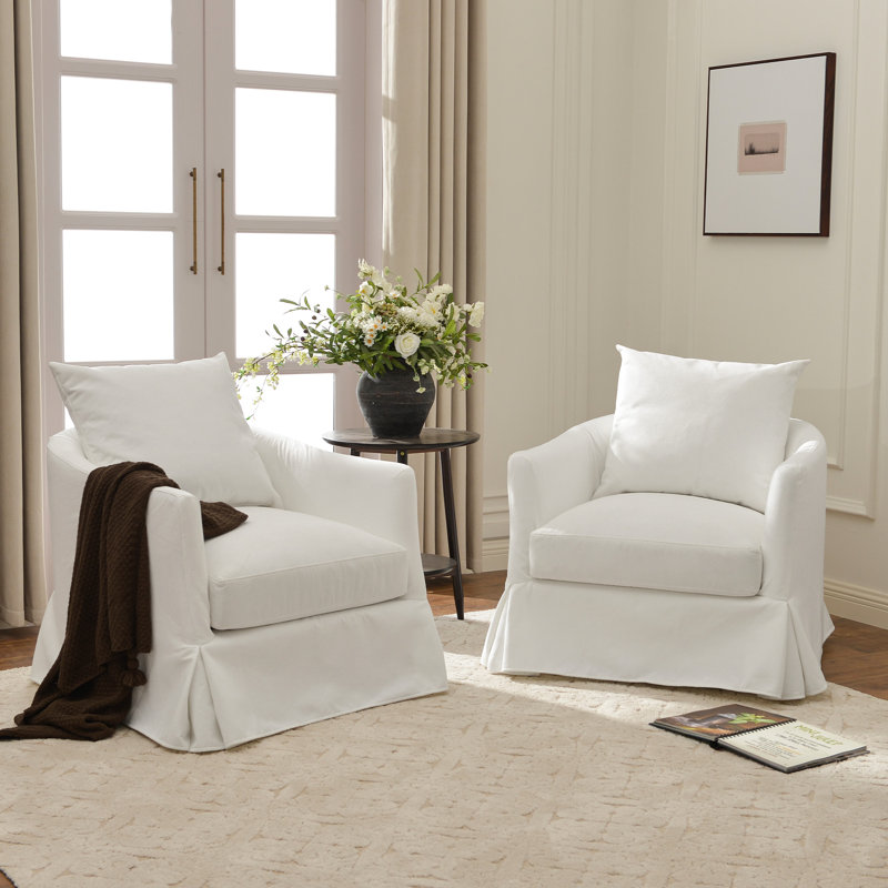 Fauteuil demi-tonneau pivotant avec coussins décoratifs l 32,3 po, Blanc perle