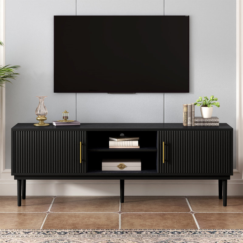 Meuble télé élégant avec portes à rayures verticales, conception de porte coulissante peu encombrante, pieds robustes, polyvalent comme meuble télé ou armoire d'appoint