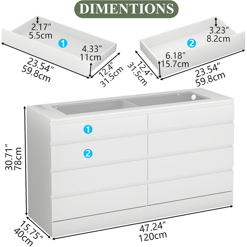 120cm W 8 - Drawer Chest of Drawers