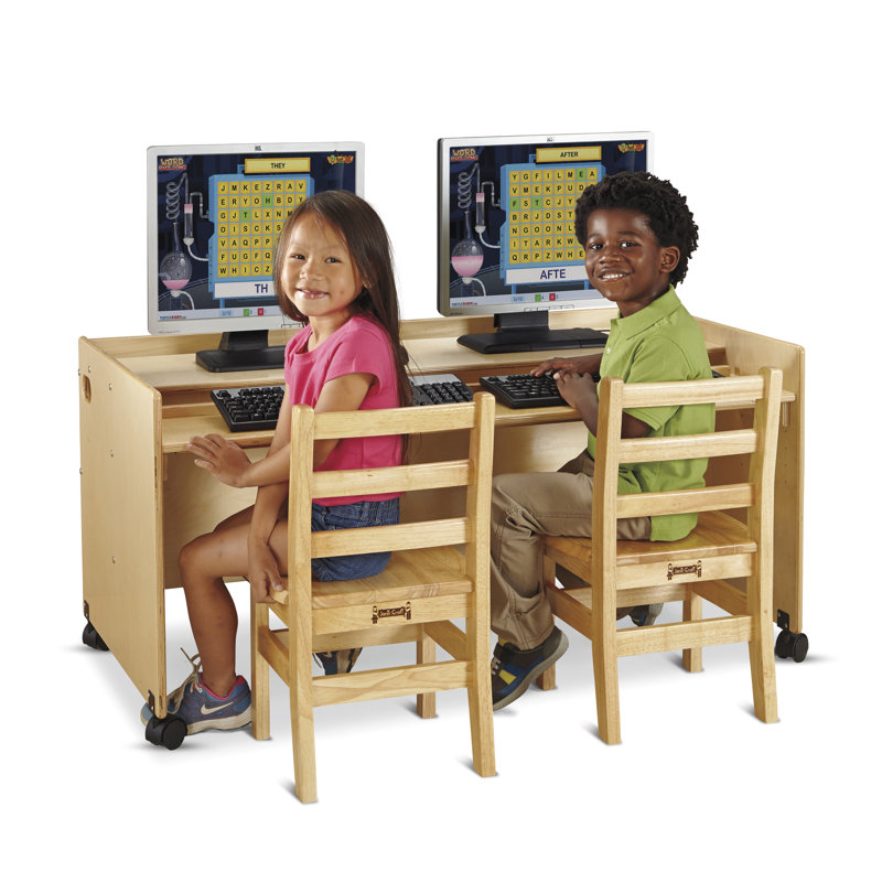 Natural Wood Double Computer Desk with Adjustable Keyboard Tray