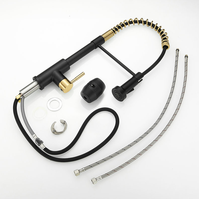 Robinet de cuisine noir doré avec douchette extractible - à teinture, mode eau flexible beige et surface escamotable, couverture large