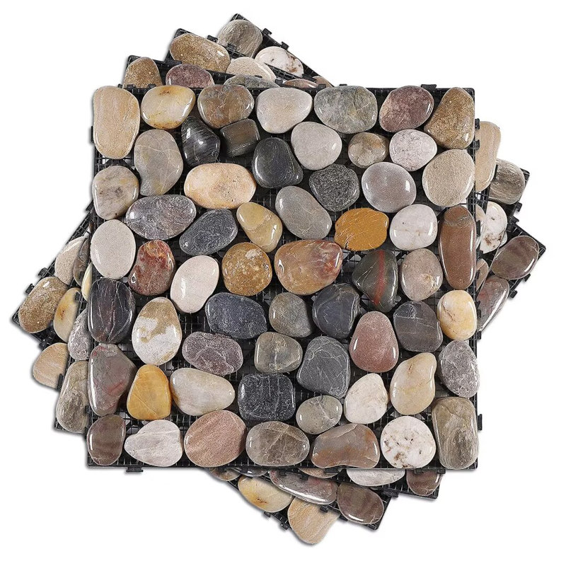 12 tuiles de terrasse à emboîtement pierre naturelle L 12 x l 12 x 4, Gray/White Pebble Stone