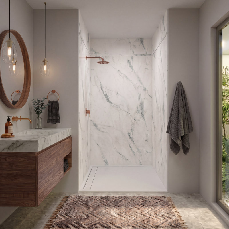 Expressions Solid Surface 48" W x 48" D x 96" H 6-Piece Trimmable Shower Wall Panel Kit, 72" Wall with 24" Extension, Bianca