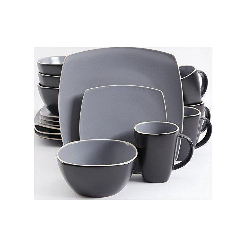 Service de table 16 pièces en grès, assiettes carrées à finition mate, va au lave-vaisselle et au micro-ondes, comprend assiettes, assiettes à dessert, bols et tasses pour repas de famille