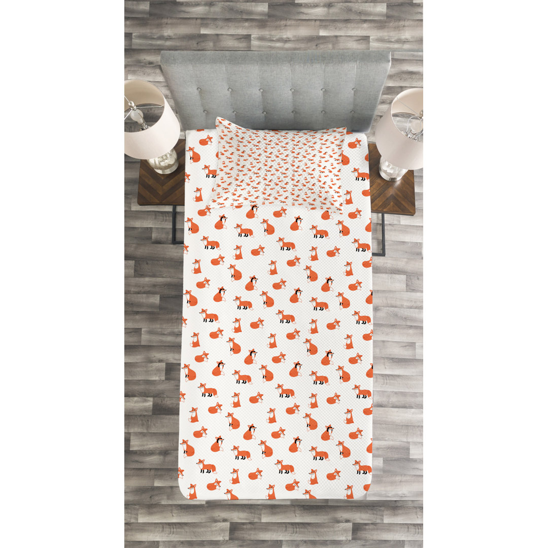 Gestepptes Bettdecken-Set, Cartoon-Tiermuster, Fuchs, Orange Weiss