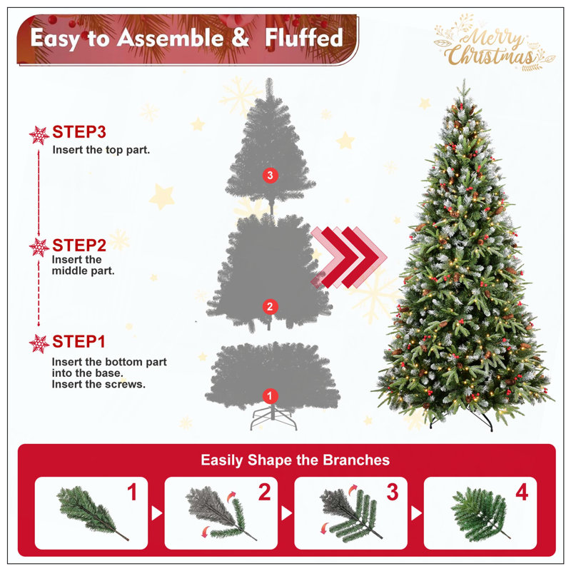 Arbre de Noël avec 250 lumières DEL blanc chaud - 1131 branches en PE + PVC, baies rouges et pommes de pin, conception à charnières, support en métal stable - décoration de Noël réaliste