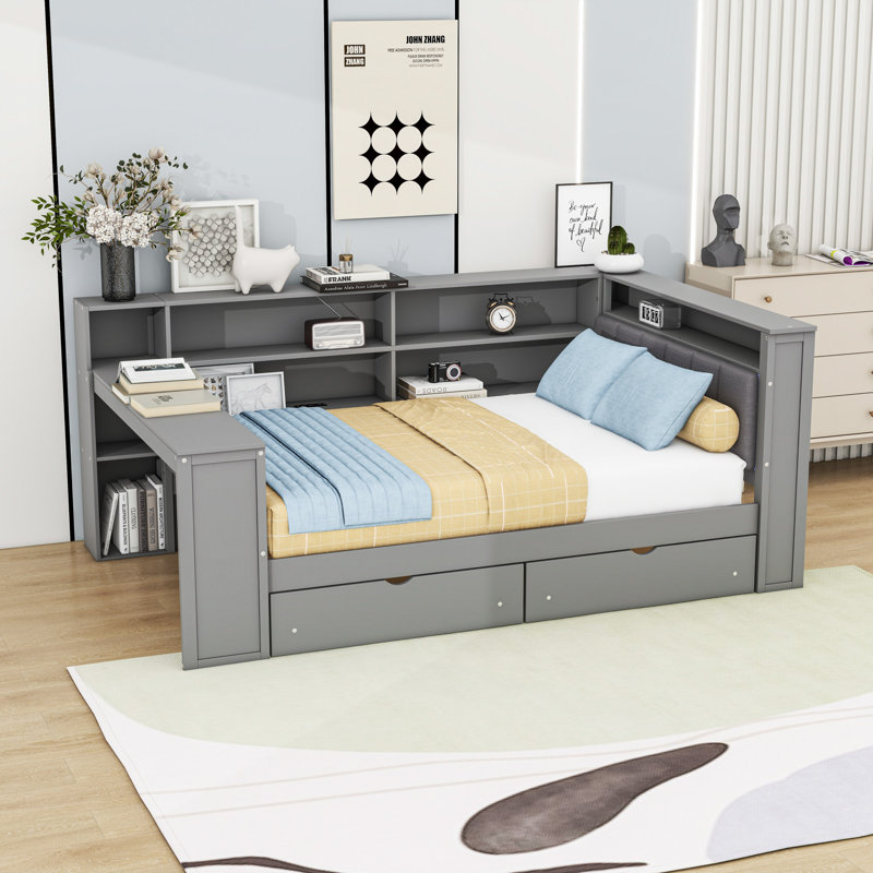 Upholstered Daybed with Built-in Shelves, LED Headboard,  Storage Drawers and Charging Station, Gray, Full / Double