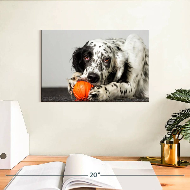 Chien avec jouet orange, H 8 po x l 12 po