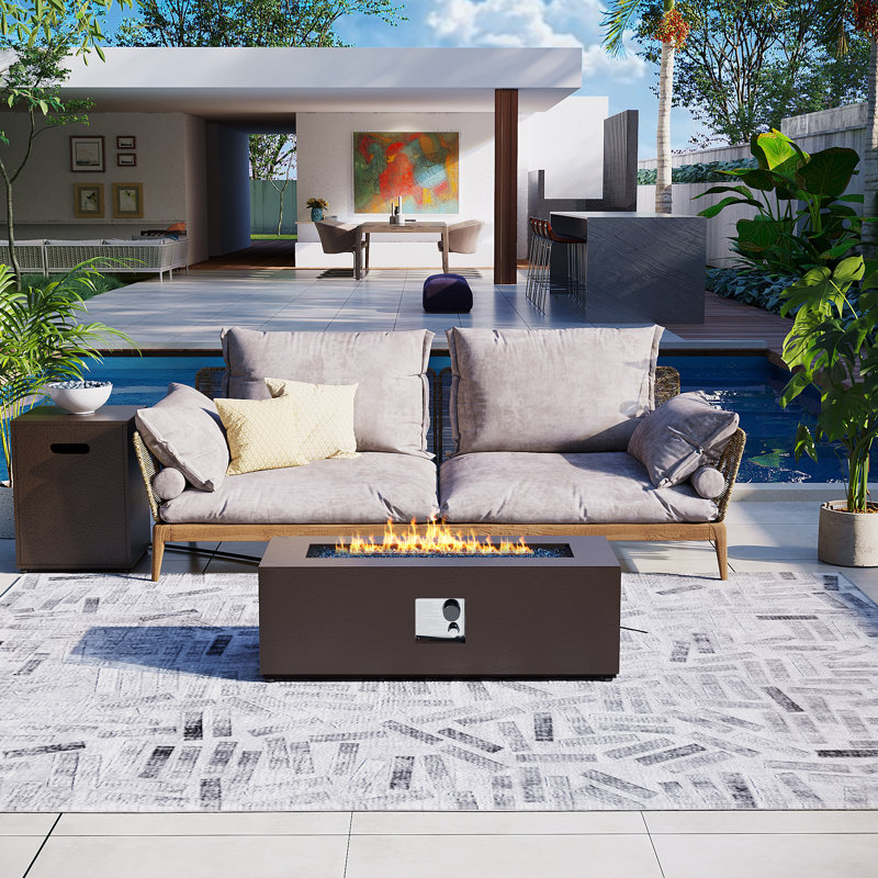 50,000 BTU 42 in. Outdoor Patio Propane Iron Fire Pit Table with Tank Cover, Lid, Glass Rocks, Brown