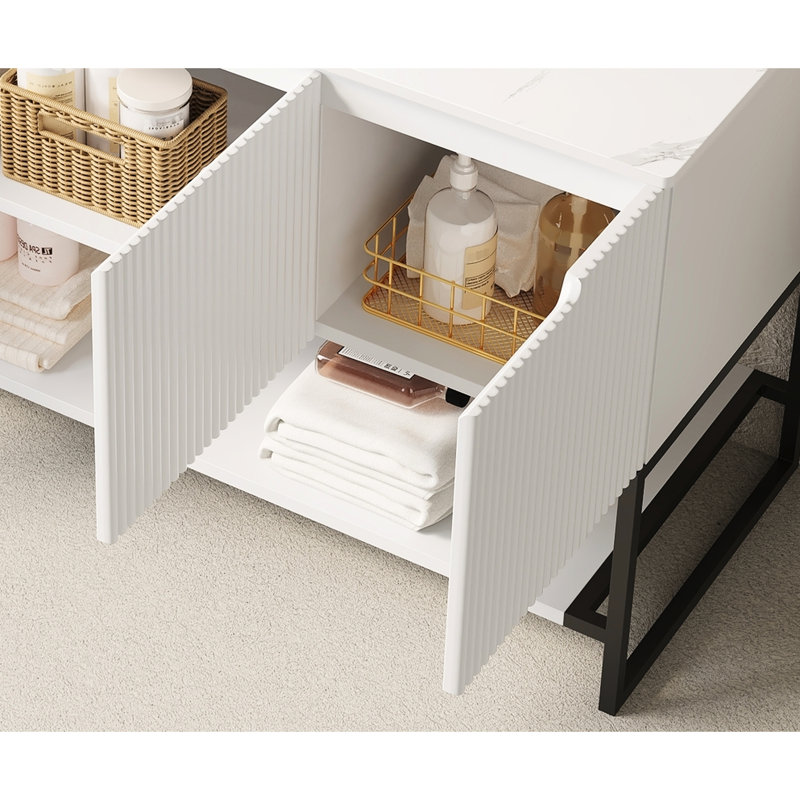 Meuble-lavabo autoportant blanc en pierre frittée de 48 po avec 3 portes et tablette ouverte, sans lavabo, robinet, fabrication de panneau de particules, panneau de porte