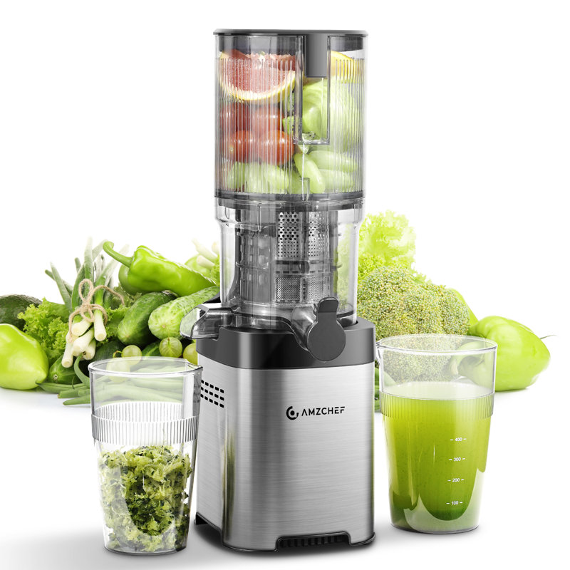 Extracteur de jus à pressage à froid AMZCHEF avec goulotte d'alimentation large de 5,2 po, extracteur de jus à mastication lente pour fruits et légumes entiers, conception en acier inoxydable, facile à nettoyer, rendement élevé en jus