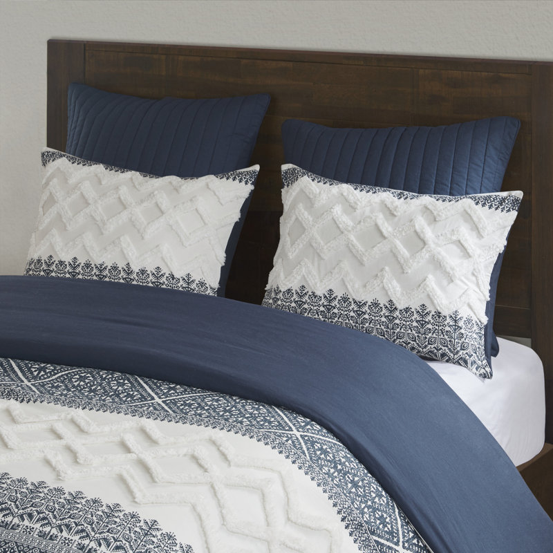 Mila Cotton Duvet Cover Set with Chenille Tufting, Full/Queen Duvet Cover + 2 Standard Shams, Gray