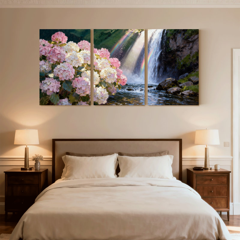 Fleurs d'hortensia, cascade, arc-en-ciel, paysage naturel, ensemble de 3 reproductions d'art sur toile, H 18 po x l 36 po