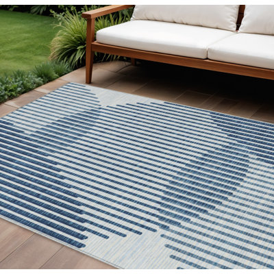 Tapis intérieur / extérieur géométrique lavable bleu et ivoire 9 pi x 12 pi