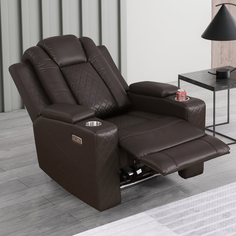 Tiertza  Leather Power Recliner Chair With Hidden Storage, LED Light, Cup Holder, Brown