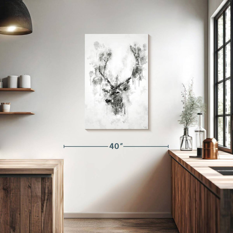 Tête de wapiti en noir et blanc, H 36 po x l 24 po