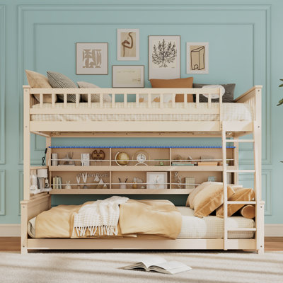 Full XL Over Queen Bunk Bed With Integrated Shelving, Color-Changing Lights And Pegboard, Beige