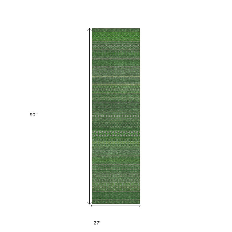 2' X 8' Fern Green Striped Washable Indoor Outdoor Runner Rug