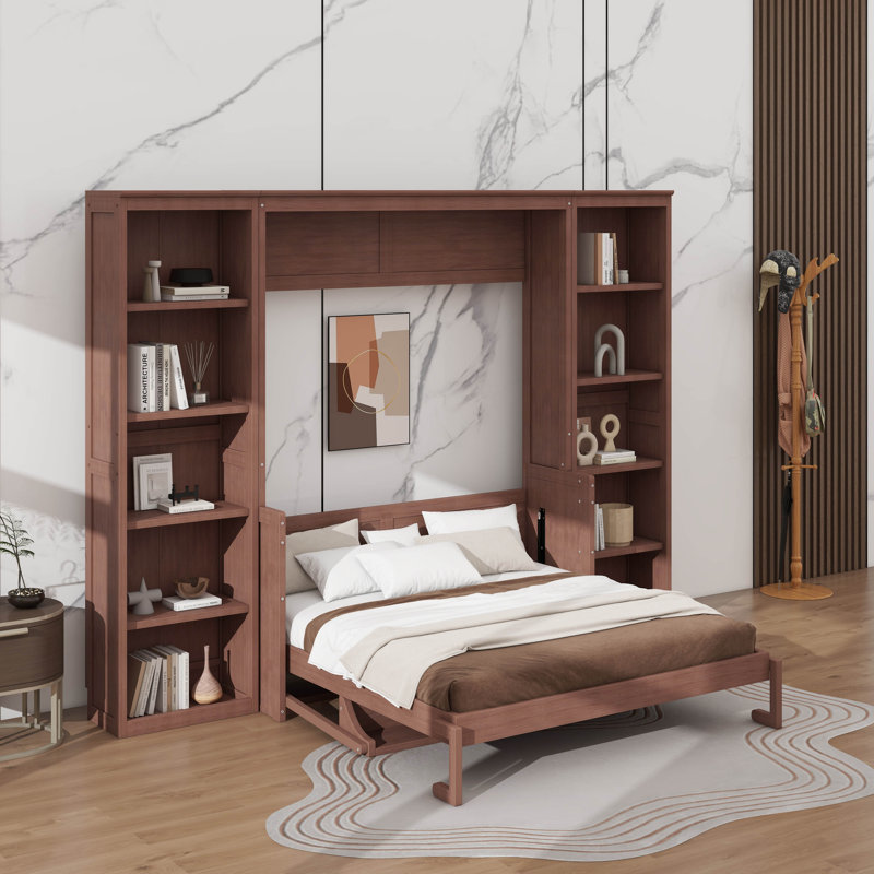 Lit escamotable double avec bureau et bibliothèque, Lit double