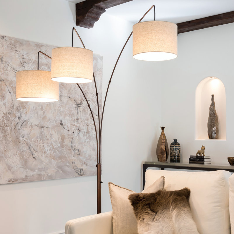 Bronze Trilage 84" Adjustable 3-Light LED Floor Lamp with Beige Shades