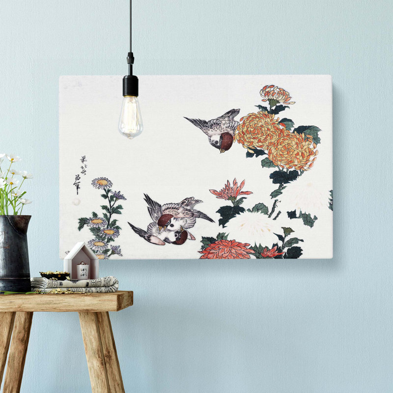 Sparrows And Chrysanthemums by Katsushika Hokusai - Wrapped Canvas, 50cm H x 76cm W x 3cm D