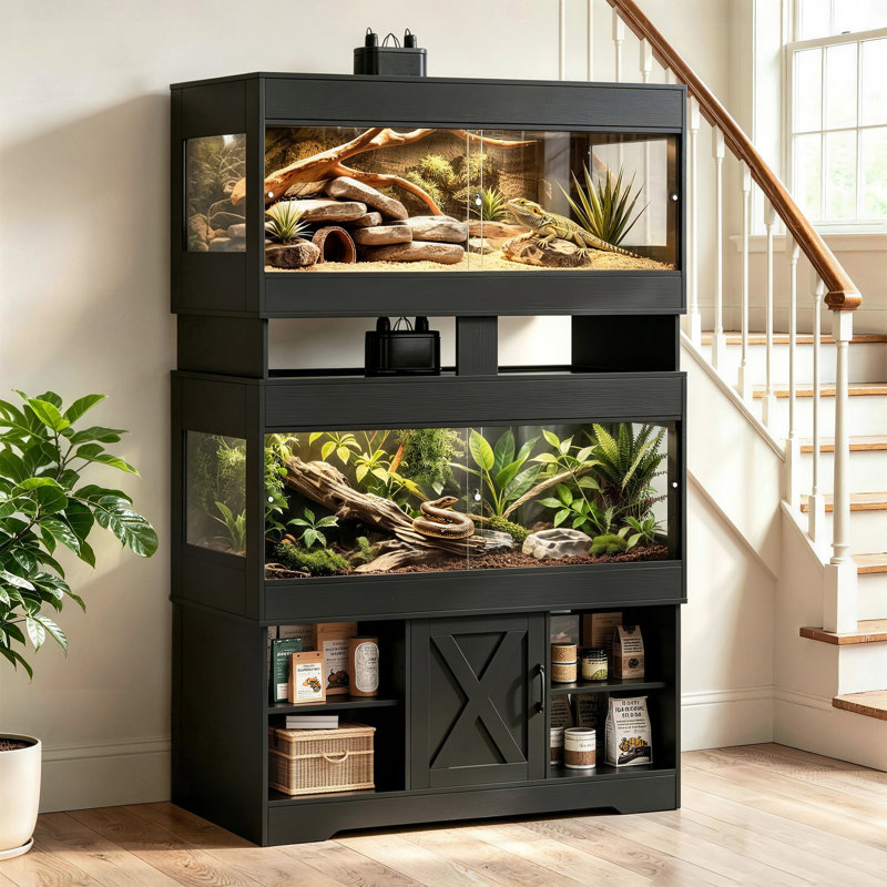Terrarium double Herture de 454 litres (120 gallons) avec support, 122 x 61 x 61 cm (4 x 2 x 2 pouces), meuble terrarium empilable avec multiprise intégrée et portes coulissantes en acrylique pour dragon barbu, serpent, lézard et gecko (PX14RTB).