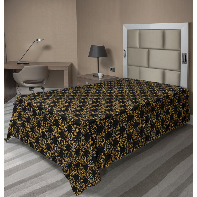 Drap plat Ambesonne damassé motif floral coeurs gris anthracite et souci, Drap plat pour lit simple