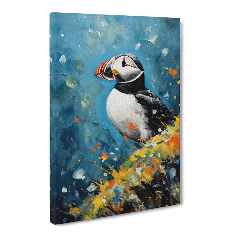 Puffin Action Painting Art - Wrapped Canvas, 76cm H x 50cm W x 3cm D