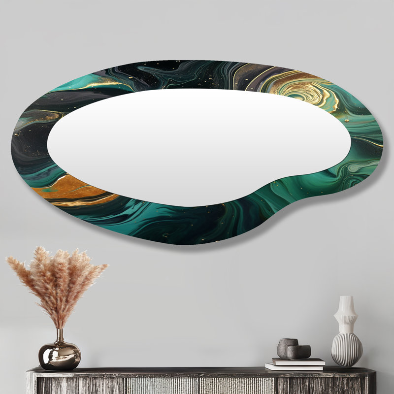 Miroir mural asymétrique moderne abstrait en marbre vert et doré River III