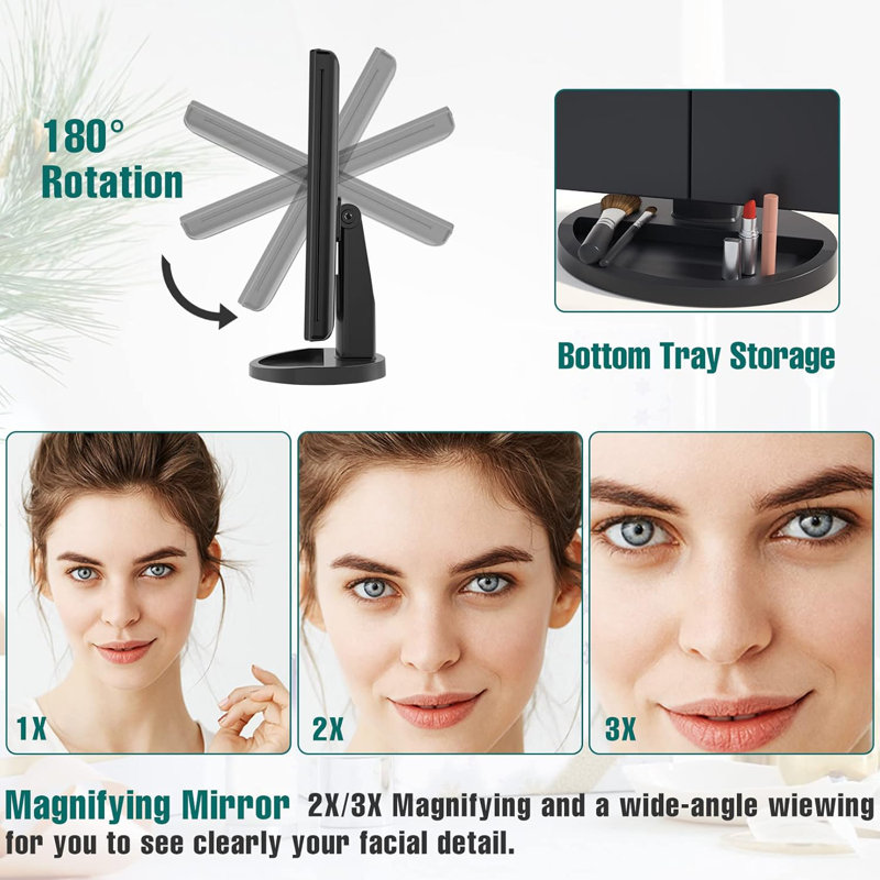 Rectangle Tri-Fold LED Lighted Vanity Magnifying Makeup Mirror, Black