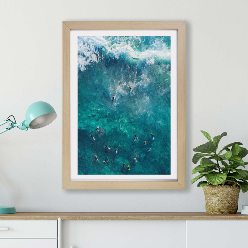 Surfers In Australia - Single Picture Frame Painting, 45cm H x 63cm W x 2cm D, Oak