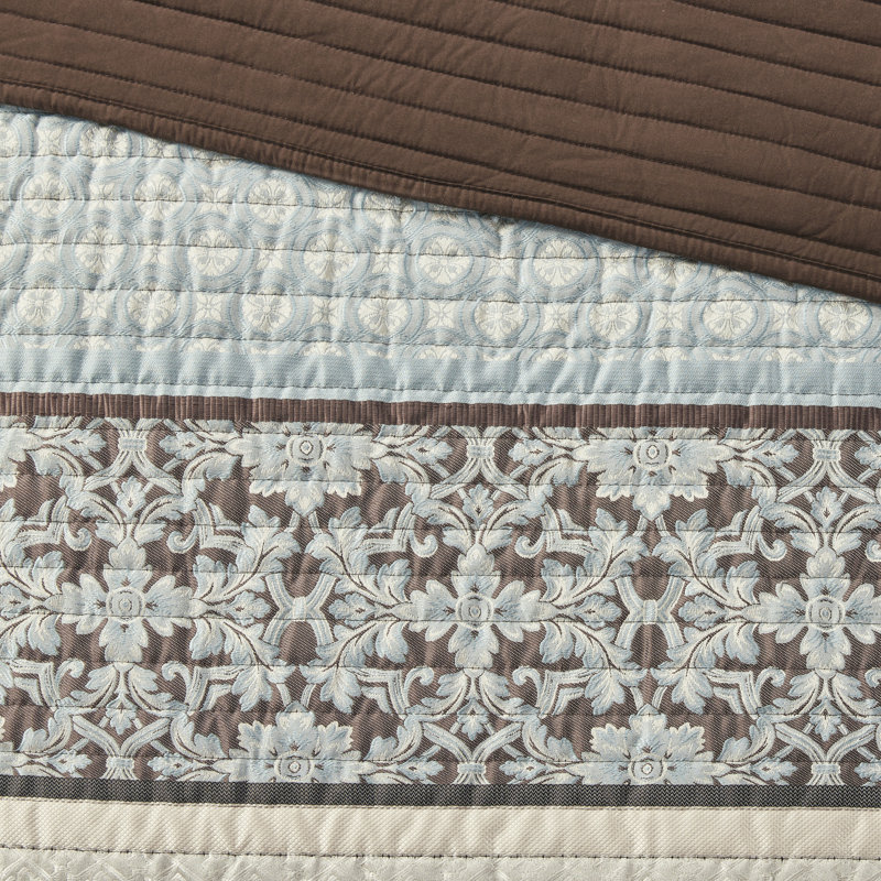 Blue and Brown Reversible Cotton Jacquard Quilt Set, Full