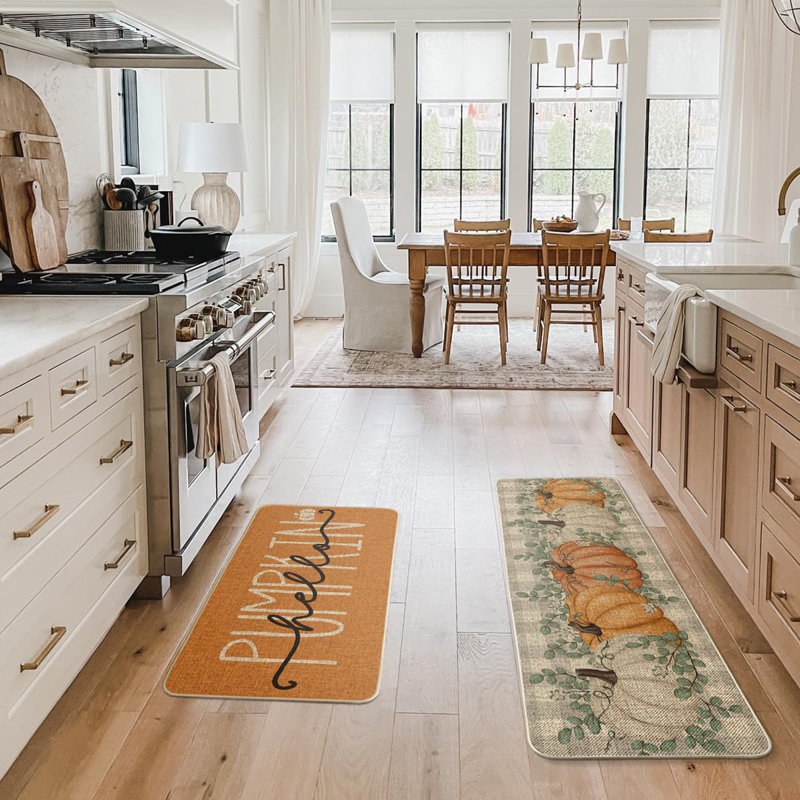 Orange Buffalo Plaid Hello Pumpkin Eucalyptus Fall Kitchen Mats Set Of 2, Home Decor Low-Profile Kitchen Rugs