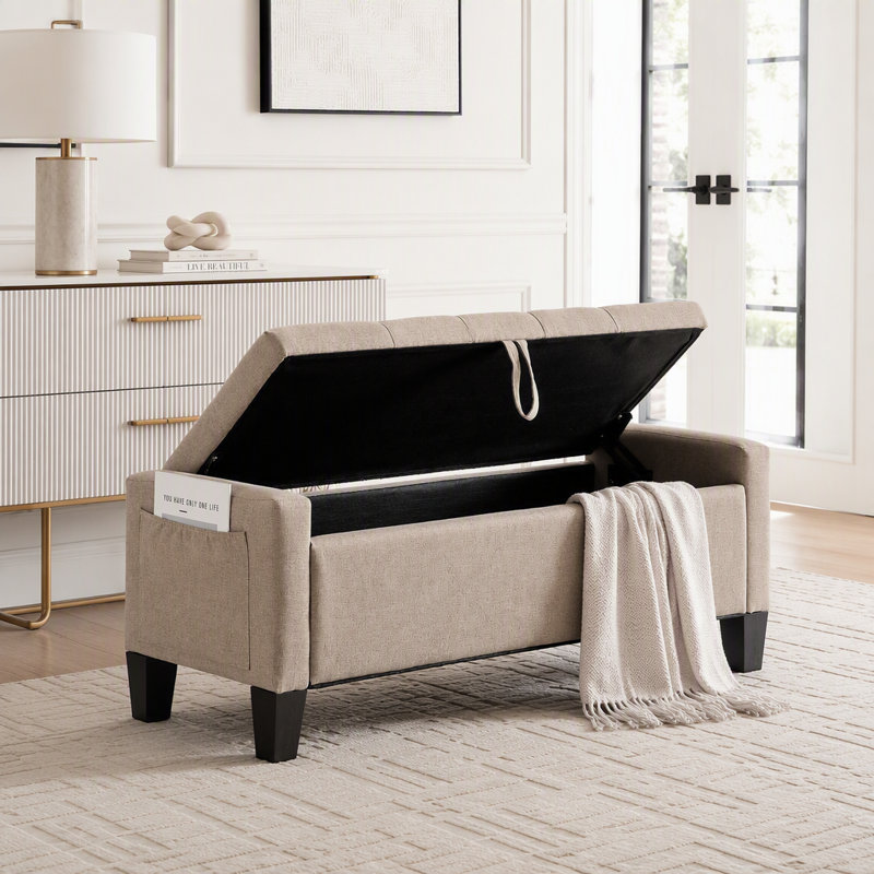 Repose-pieds avec rangement, banc de repose-pieds avec charnière de sécurité, poids de 350 lb, Linen-Linen