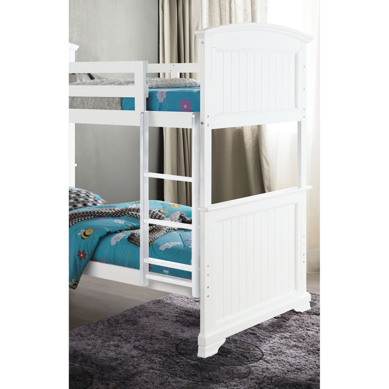Lit simple superposé double de style transitionnel en bois blanc, massif et d'ingénierie, avec tête de lit à panneau, réversible, pieds de support avec système de joint