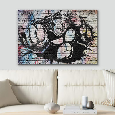 «Black and White Gorilla Punching Graffiti & Street Art Pop Art Modern Urban Multicolor», impression sur toile
