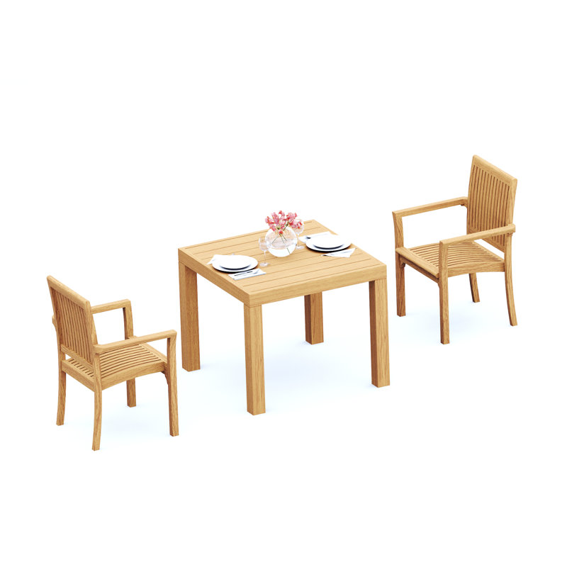 3 Pcs Grade-A Teak Wood Dining Set: 36" Square Table And 2 Lua Stacking Arm Chairs #11LU0802, 2