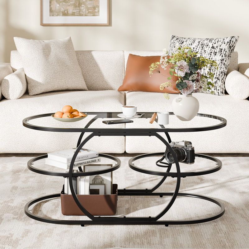 40" Glass Top Coffee Table With Metal Frame, Black